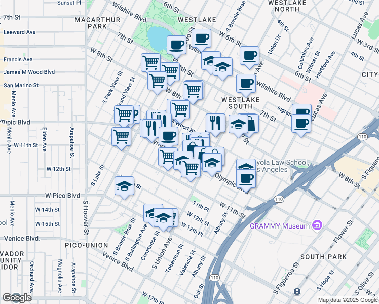 map of restaurants, bars, coffee shops, grocery stores, and more near 1663 West Olympic Boulevard in Los Angeles