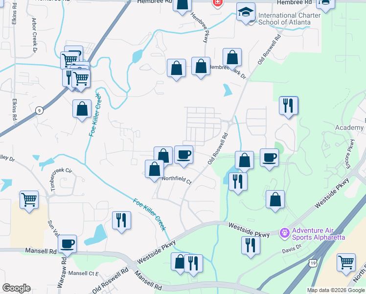 map of restaurants, bars, coffee shops, grocery stores, and more near 10120 Windalier Way in Roswell