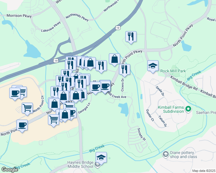 map of restaurants, bars, coffee shops, grocery stores, and more near 5953 North Point Parkway in Alpharetta