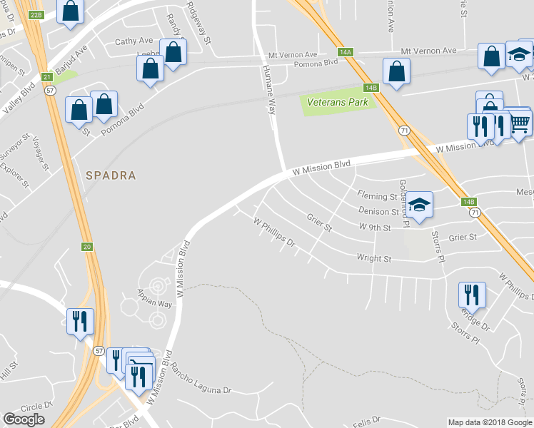 map of restaurants, bars, coffee shops, grocery stores, and more near 1986 Wright Street in Pomona