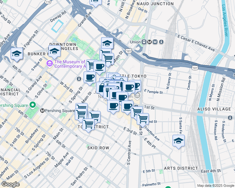 map of restaurants, bars, coffee shops, grocery stores, and more near 123 Astronaut Ellison S Onizuka Street in Los Angeles