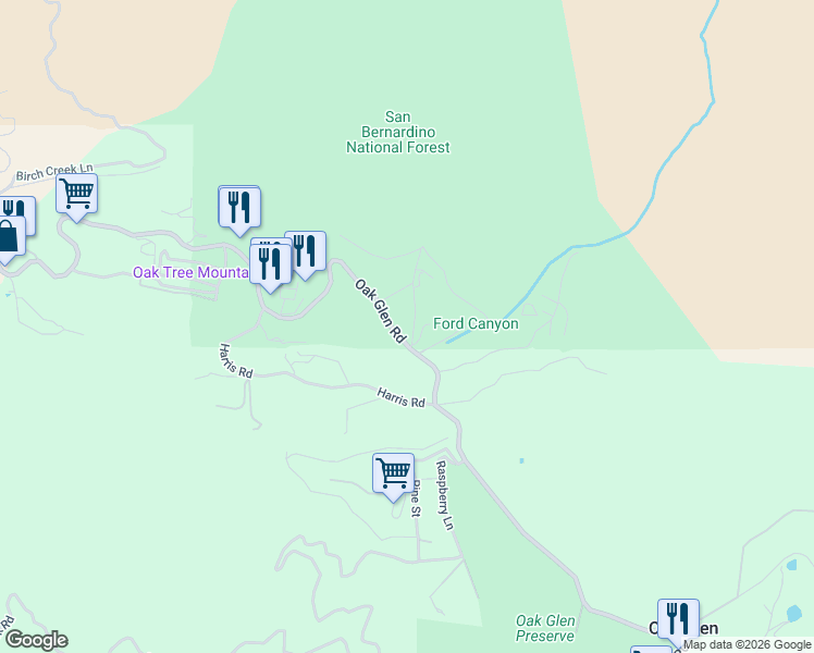map of restaurants, bars, coffee shops, grocery stores, and more near 39292 Oak Glen Road in Oak Glen