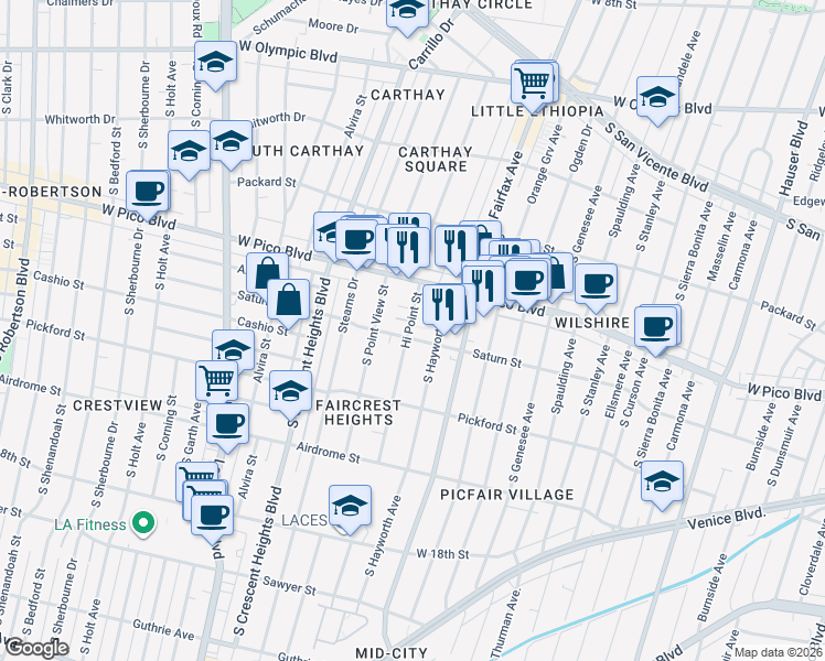 map of restaurants, bars, coffee shops, grocery stores, and more near 1454 Hi Point Street in Los Angeles