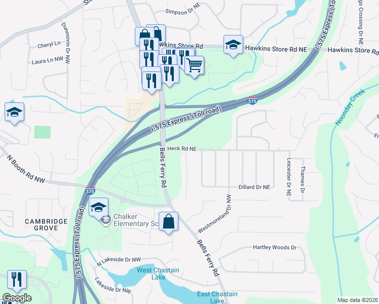 map of restaurants, bars, coffee shops, grocery stores, and more near 3890 Brentview Place Northeast in Kennesaw
