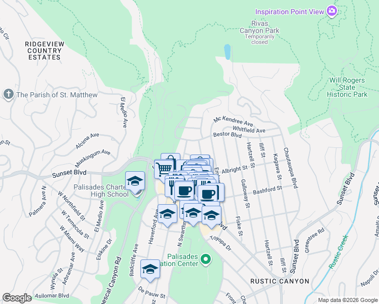 map of restaurants, bars, coffee shops, grocery stores, and more near 1150 Charm Acres Place in Los Angeles