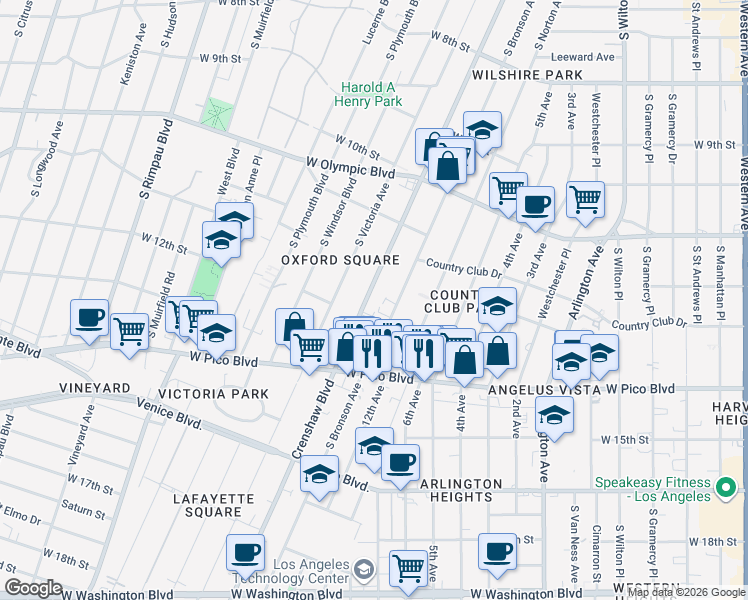 map of restaurants, bars, coffee shops, grocery stores, and more near 1203 South Bronson Avenue in Los Angeles