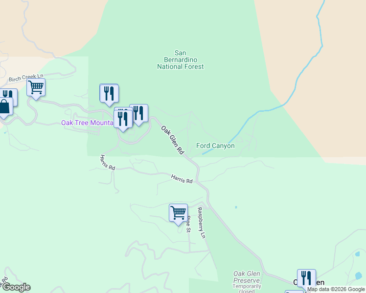 map of restaurants, bars, coffee shops, grocery stores, and more near 39292 Oak Glen Road in Oak Glen