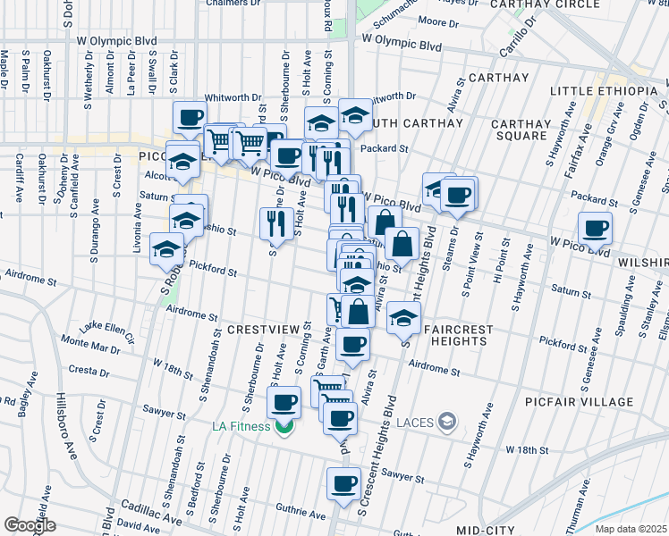map of restaurants, bars, coffee shops, grocery stores, and more near 8521 Horner Street in Los Angeles