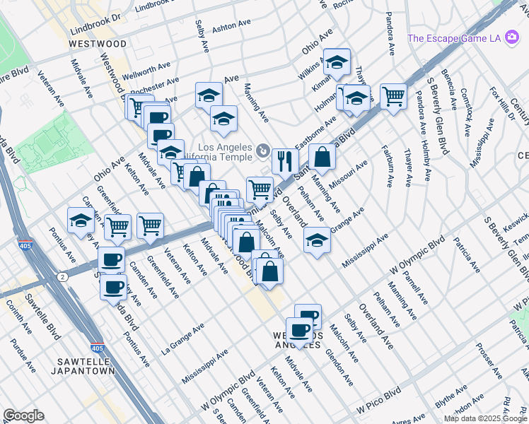 map of restaurants, bars, coffee shops, grocery stores, and more near 1810 Malcolm Avenue in Los Angeles