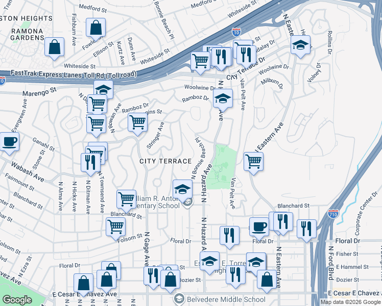 map of restaurants, bars, coffee shops, grocery stores, and more near 1123 Buelah Avenue in Los Angeles