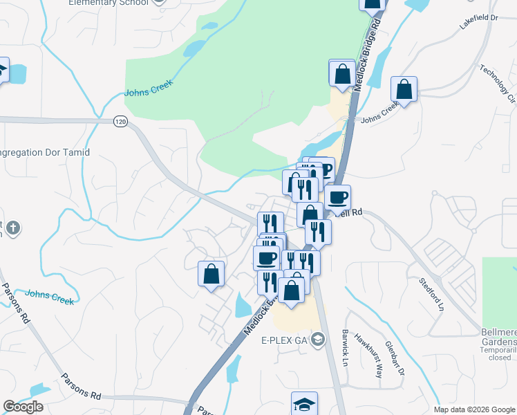 map of restaurants, bars, coffee shops, grocery stores, and more near 805 Millwork Circle in Johns Creek