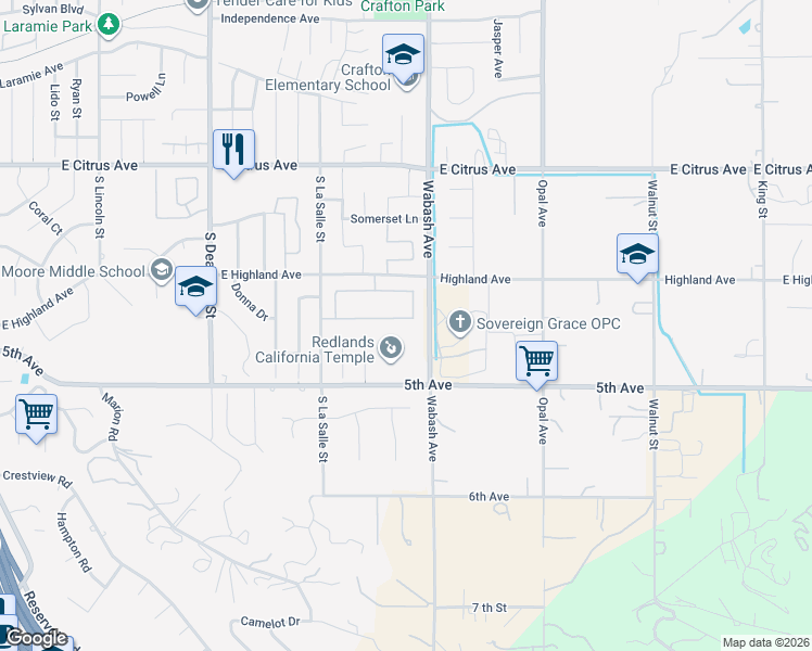 map of restaurants, bars, coffee shops, grocery stores, and more near 1770 Sunnypark in Redlands