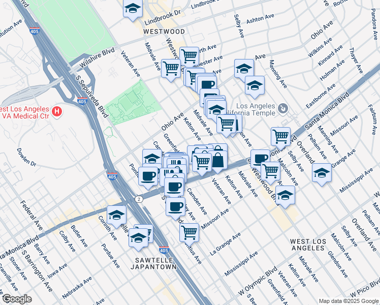 map of restaurants, bars, coffee shops, grocery stores, and more near 1629 Veteran Avenue in Los Angeles