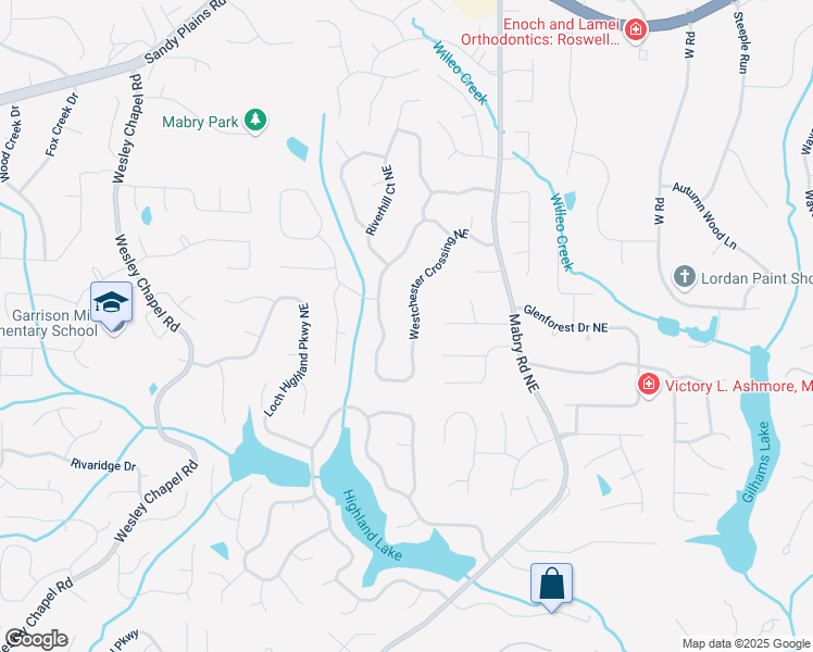 map of restaurants, bars, coffee shops, grocery stores, and more near 4167 Westchester Crossing Northeast in Roswell
