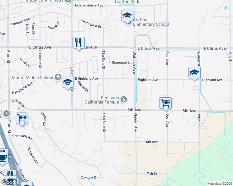 map of restaurants, bars, coffee shops, grocery stores, and more near 1734 Sunnypark in Redlands