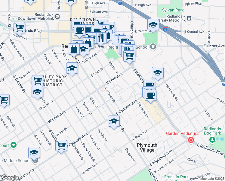 map of restaurants, bars, coffee shops, grocery stores, and more near 420 Sonora Circle in Redlands