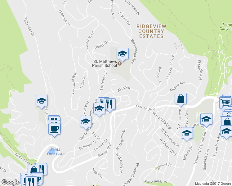 map of restaurants, bars, coffee shops, grocery stores, and more near 16550 Akron Street in Pacific Palisades