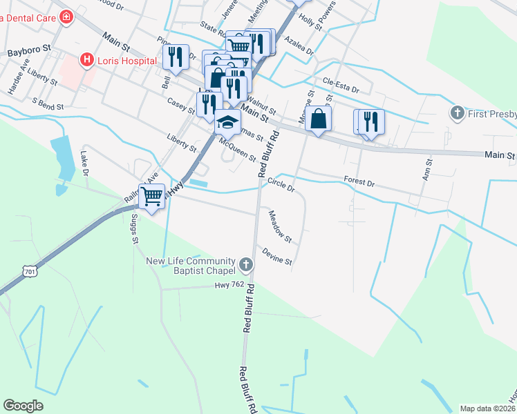 map of restaurants, bars, coffee shops, grocery stores, and more near 3215 Bryant Street in Loris