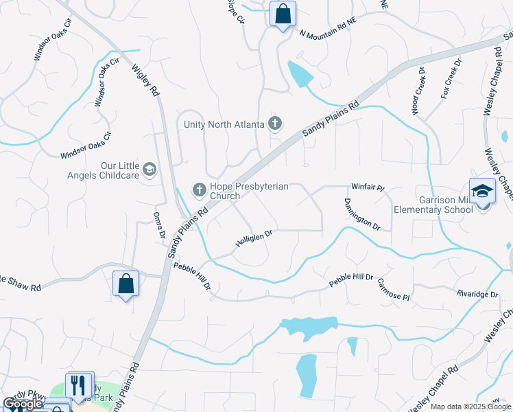 map of restaurants, bars, coffee shops, grocery stores, and more near 4133 Thornwall Drive in Marietta
