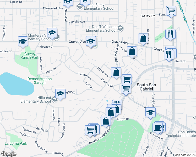 map of restaurants, bars, coffee shops, grocery stores, and more near 7546 Mooney Drive in Rosemead