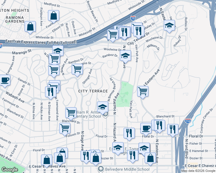 map of restaurants, bars, coffee shops, grocery stores, and more near 1123 Buelah Avenue in Los Angeles
