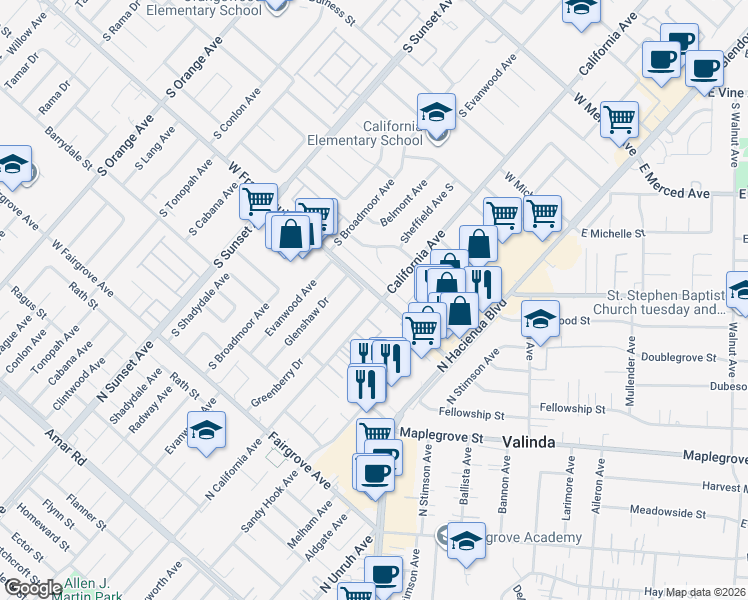 map of restaurants, bars, coffee shops, grocery stores, and more near 15302 Francisquito Avenue in La Puente