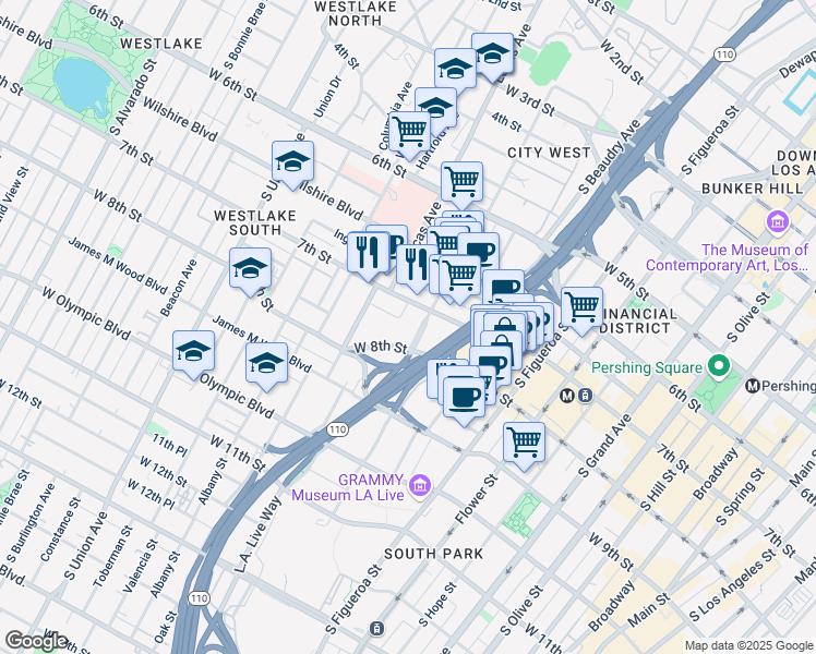map of restaurants, bars, coffee shops, grocery stores, and more near 722 South Bixel Street in Los Angeles