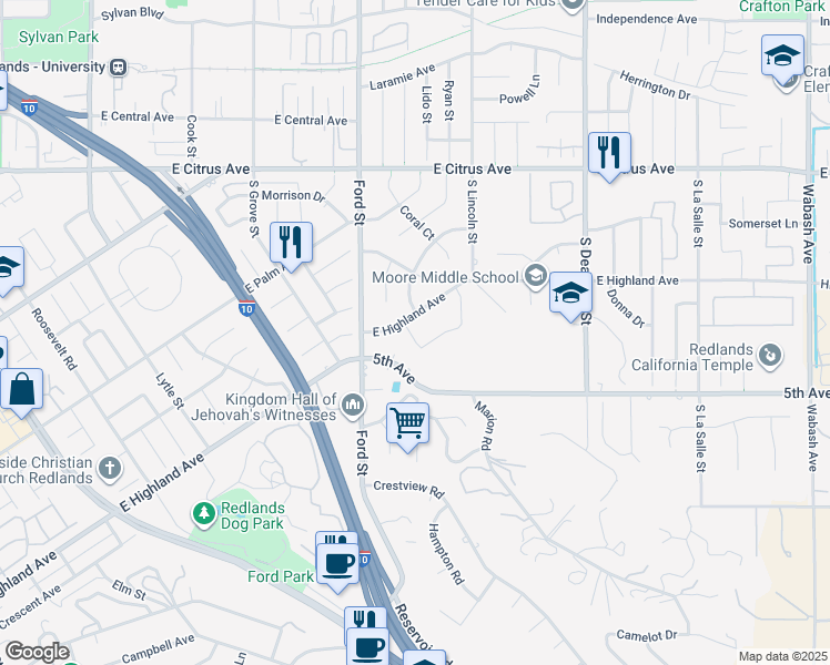 map of restaurants, bars, coffee shops, grocery stores, and more near 1446 Moore Street in Redlands