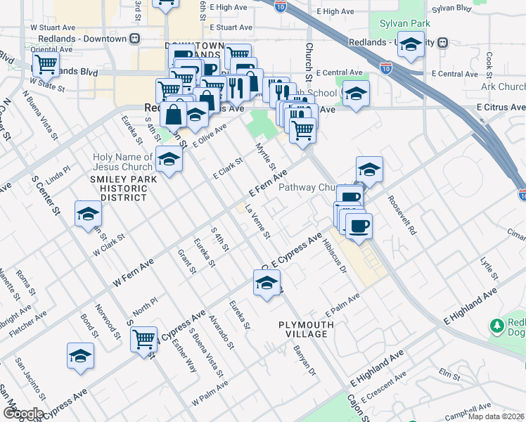 map of restaurants, bars, coffee shops, grocery stores, and more near 420 Sonora Circle in Redlands