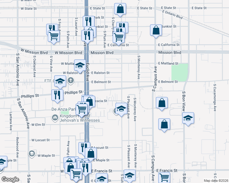 map of restaurants, bars, coffee shops, grocery stores, and more near 402 East Phillips Street in Ontario