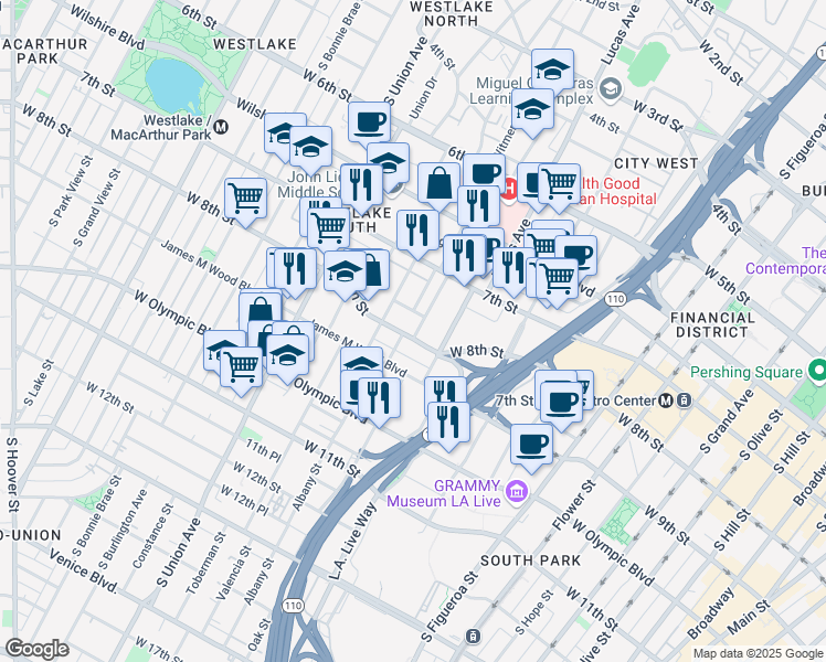 map of restaurants, bars, coffee shops, grocery stores, and more near 1238 West 8th Street in Los Angeles