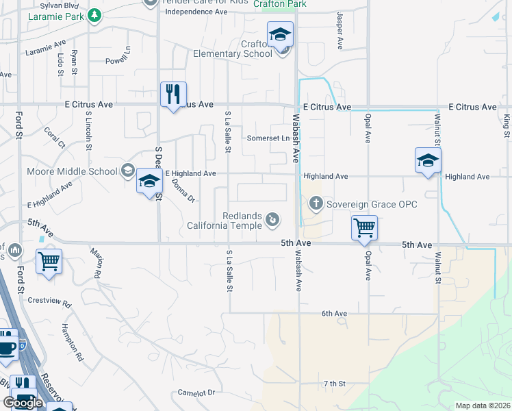 map of restaurants, bars, coffee shops, grocery stores, and more near 1725 Shirley Lane in Redlands