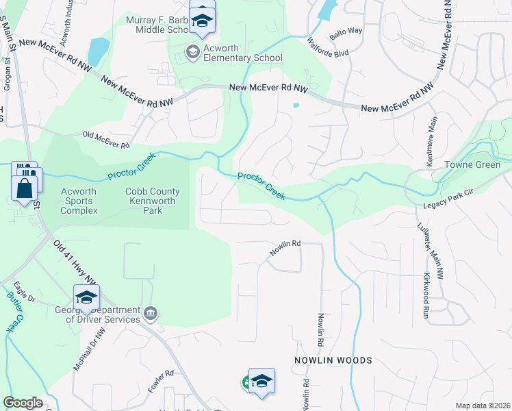 map of restaurants, bars, coffee shops, grocery stores, and more near 3280 McEver Park Circle in Acworth