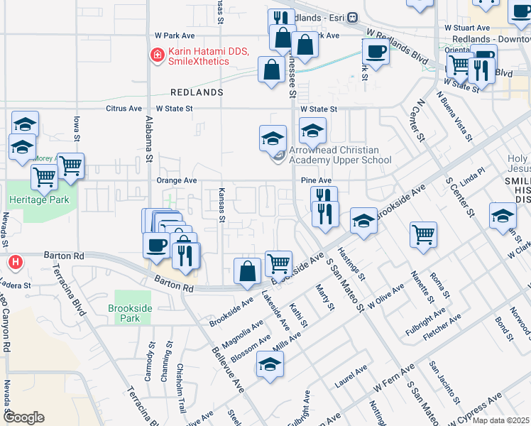map of restaurants, bars, coffee shops, grocery stores, and more near 51 Orangewood Court in Redlands