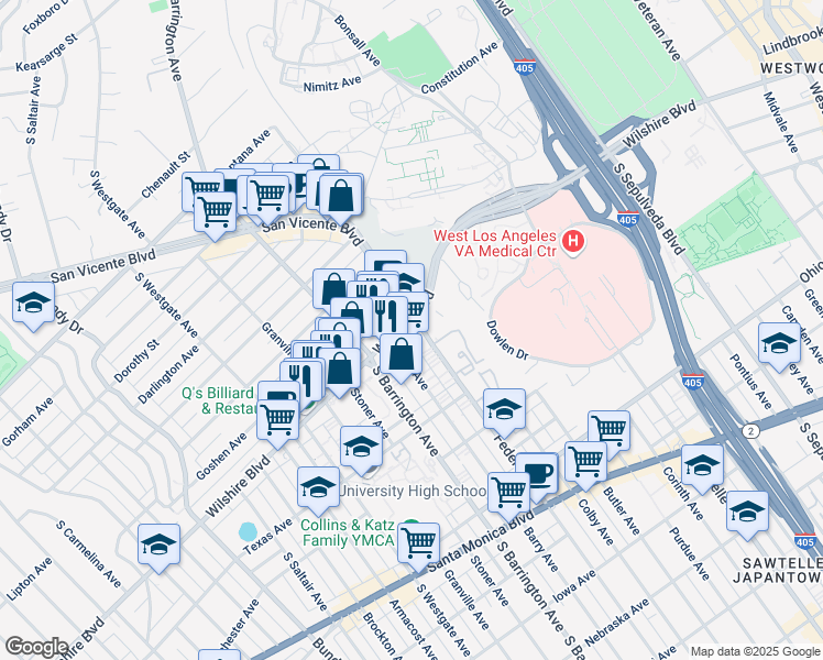 map of restaurants, bars, coffee shops, grocery stores, and more near 11620 Wilshire Boulevard in Los Angeles