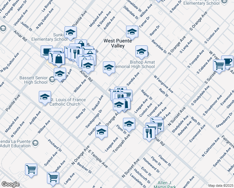 map of restaurants, bars, coffee shops, grocery stores, and more near 14239 Shaver Street in West Puente Valley