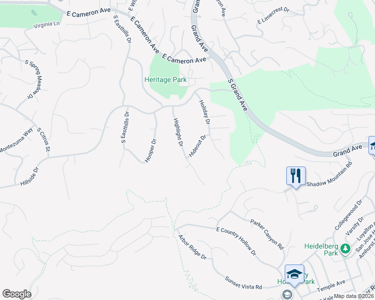 map of restaurants, bars, coffee shops, grocery stores, and more near 1048 Highlight Drive in West Covina