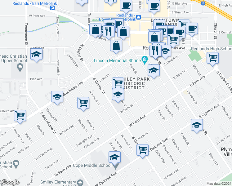 map of restaurants, bars, coffee shops, grocery stores, and more near 140 South Michigan Street in Redlands