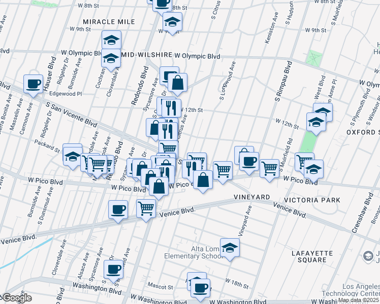 map of restaurants, bars, coffee shops, grocery stores, and more near 1282 South Highland Avenue in Los Angeles