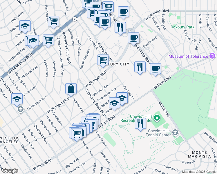 map of restaurants, bars, coffee shops, grocery stores, and more near 10338 Keswick Avenue in Los Angeles