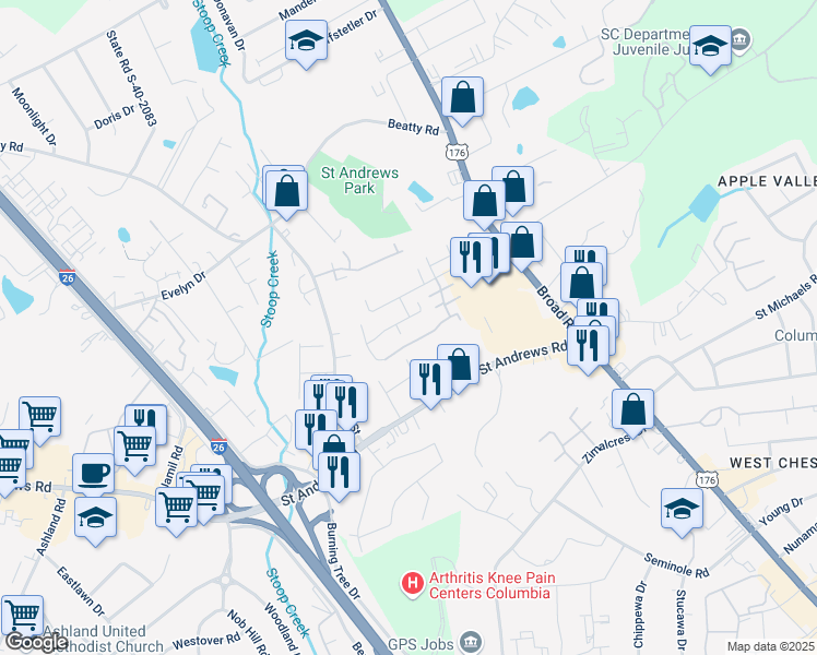 map of restaurants, bars, coffee shops, grocery stores, and more near 1211 Metze Road in Columbia