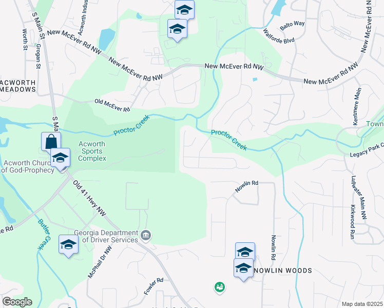 map of restaurants, bars, coffee shops, grocery stores, and more near 3259 McEver Park Circle in Acworth