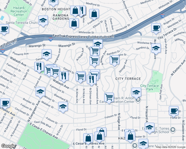 map of restaurants, bars, coffee shops, grocery stores, and more near 3365 City Terrace Drive in Los Angeles