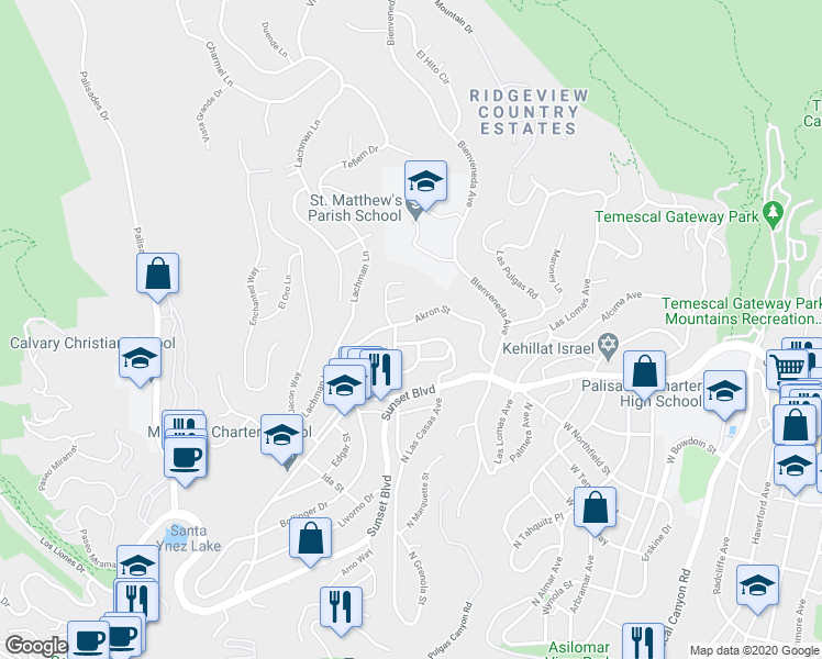 map of restaurants, bars, coffee shops, grocery stores, and more near 16544 Akron St in Pacific Palisades