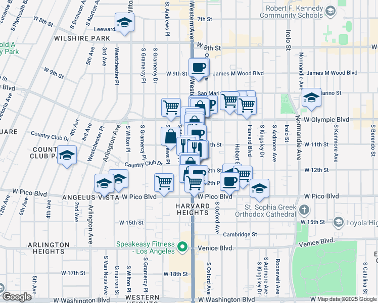 map of restaurants, bars, coffee shops, grocery stores, and more near 1121 South Western Avenue in Los Angeles