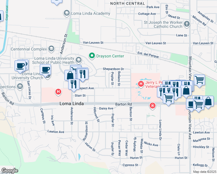 map of restaurants, bars, coffee shops, grocery stores, and more near 25181 Prospect Avenue in Loma Linda