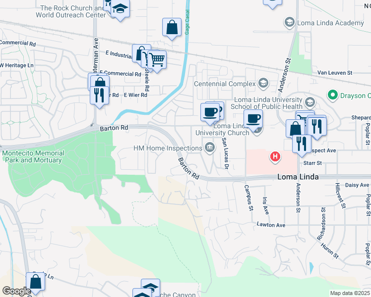 map of restaurants, bars, coffee shops, grocery stores, and more near 11216 Rosarita Drive in Loma Linda