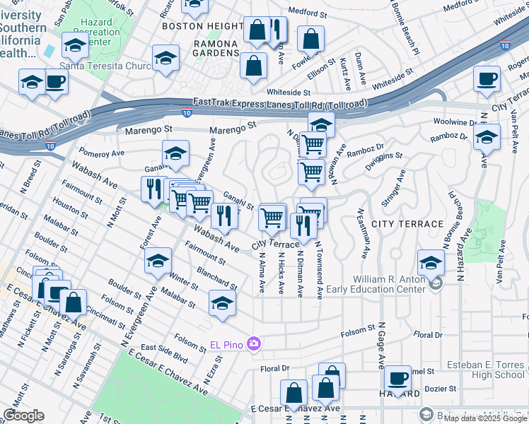 map of restaurants, bars, coffee shops, grocery stores, and more near 1064 Thornton Street in Los Angeles