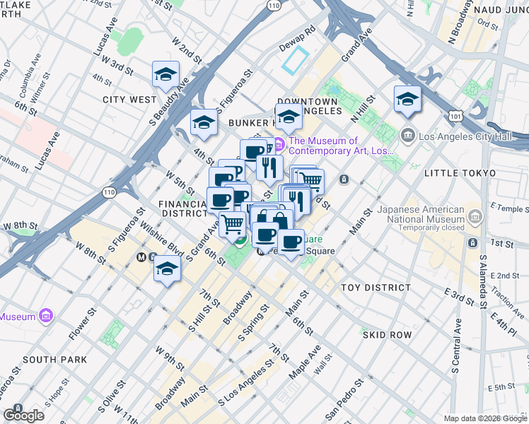 map of restaurants, bars, coffee shops, grocery stores, and more near 111 South Hill Street in Los Angeles