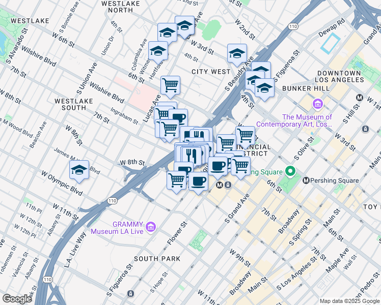 map of restaurants, bars, coffee shops, grocery stores, and more near 725 South Figueroa Street in Los Angeles